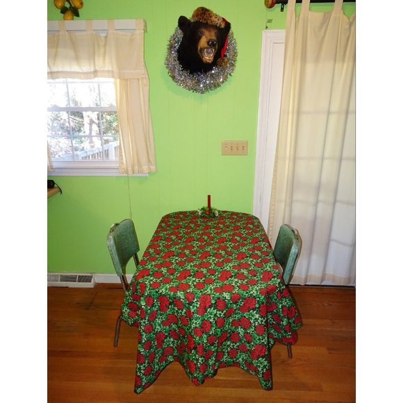Vintage Red & Green Christmas Poinsettia Tablecloth mcm retro kitsch holiday - Picture 6 of 10